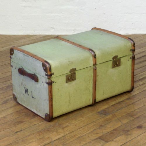 edwardian green canvas trunk - CATEGORY: ANTIQUE CHESTS - DATED EDWARDIAN