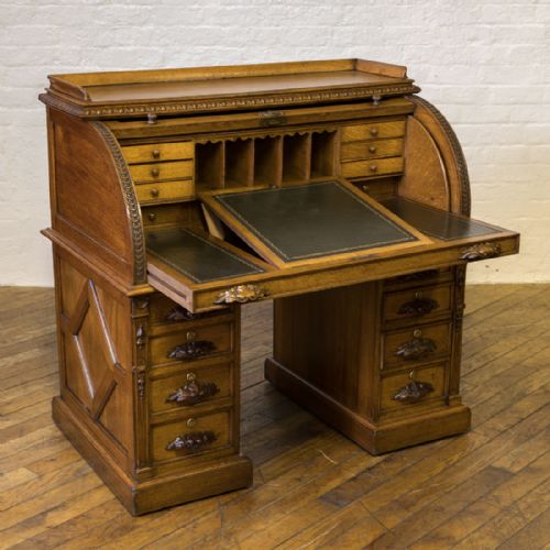 victorian oak cylinder desk - CATEGORY: ANTIQUE DESKS - DATED VICTORIAN