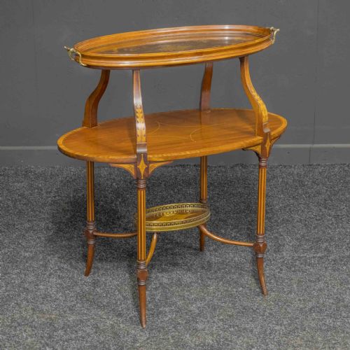 EDWARDIAN INLAID MAHOGANY ETAGERE WITH GLASS TRAY TOP - ADDITIONAL PHOTO 1