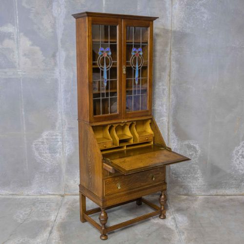 OAK BUREAU BOOKCASE WITH STAINED WINDOWS - ADDITIONAL PHOTO 8