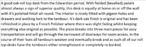 EDWARDIAN OAK ROLL TOP DESK - ADDITIONAL PHOTO 17