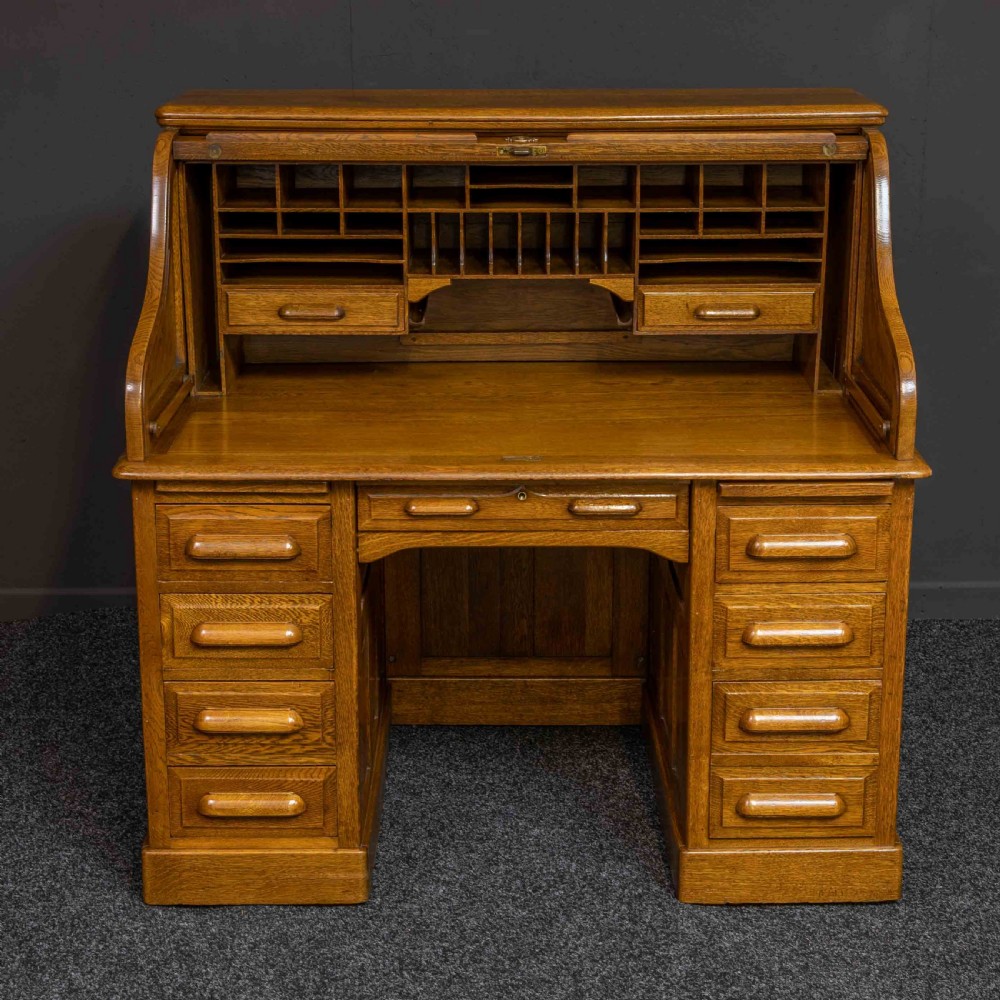 Edwardian Oak Roll Top Desk View XII