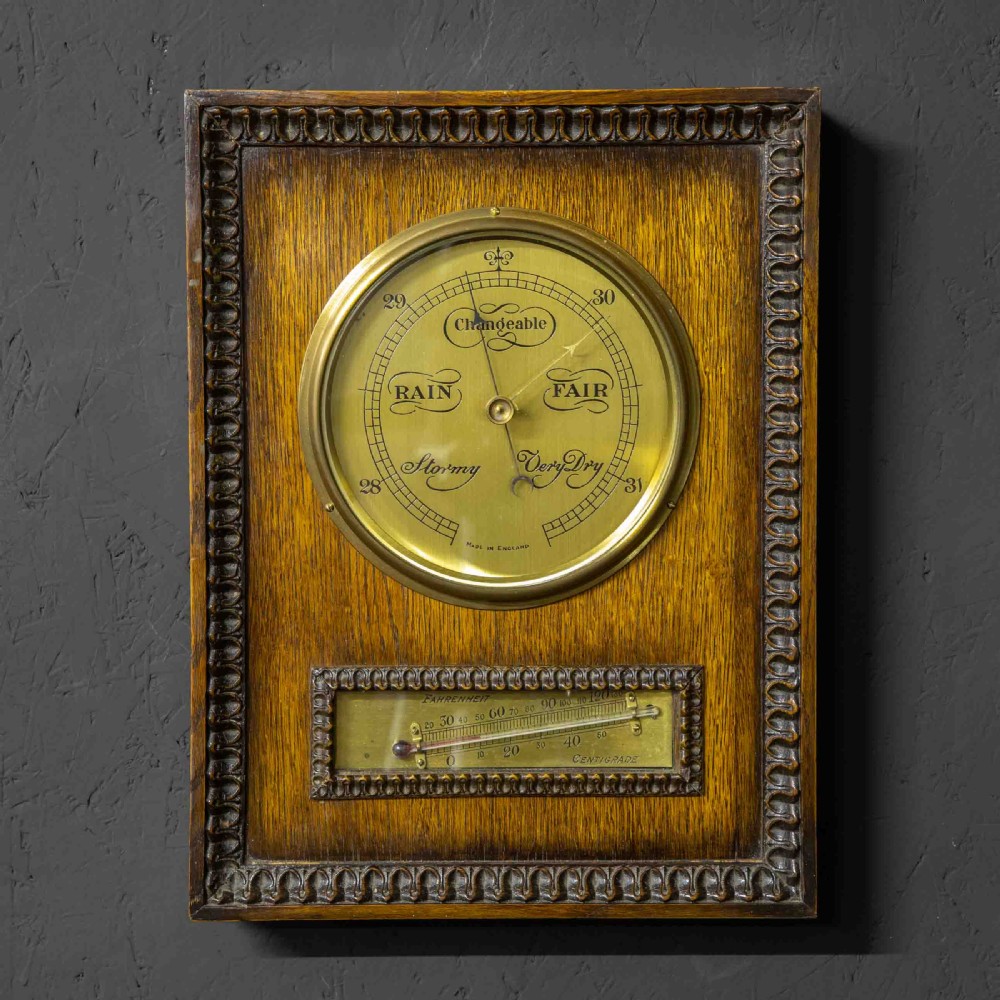Art Deco Oak and Brass Aneroid Barometer