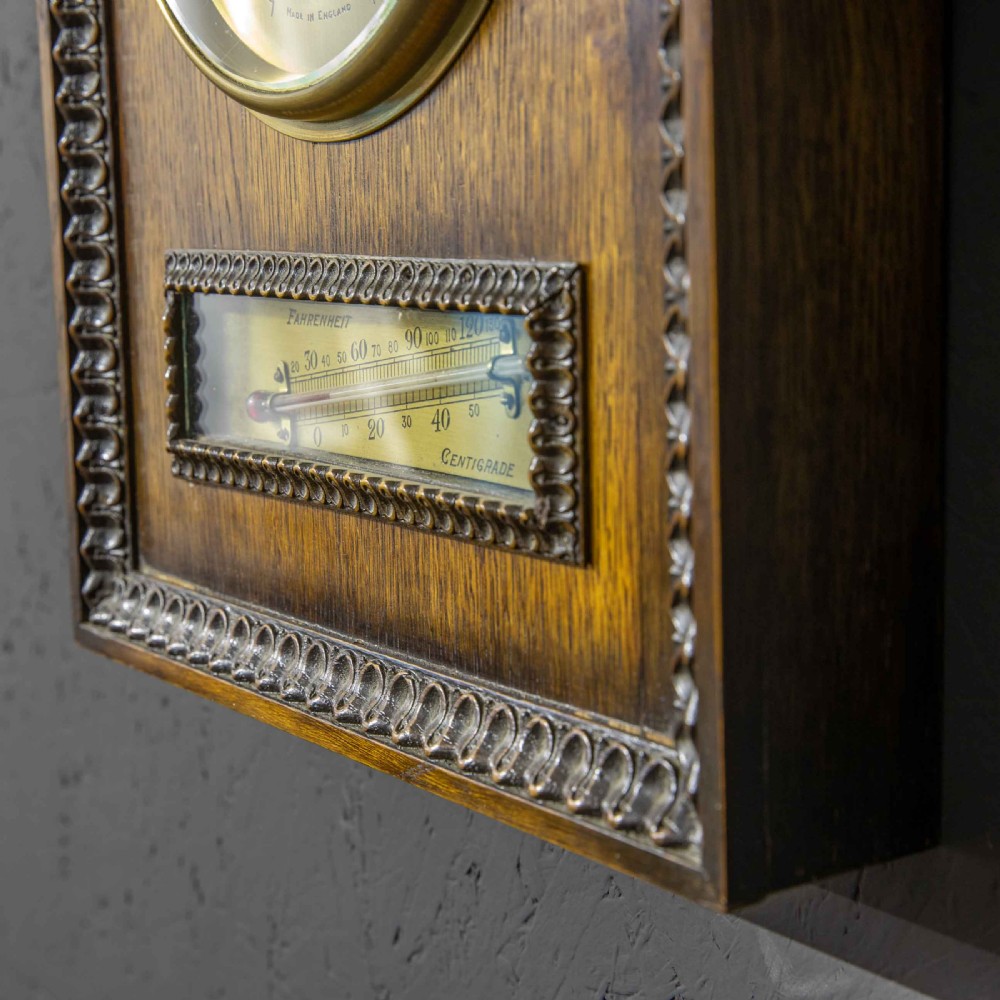 Art Deco Oak and Brass Aneroid Barometer View V