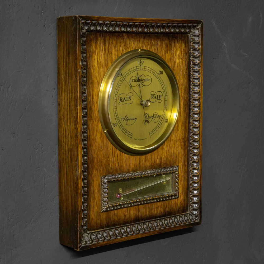 Art Deco Oak and Brass Aneroid Barometer View VIII