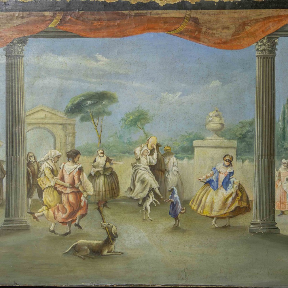 A horizontal late Victorian oil painting depicting a theatrical stage with classical fluted columns, draped terracotta curtains, and costumed figures in an outdoor courtyard. View II