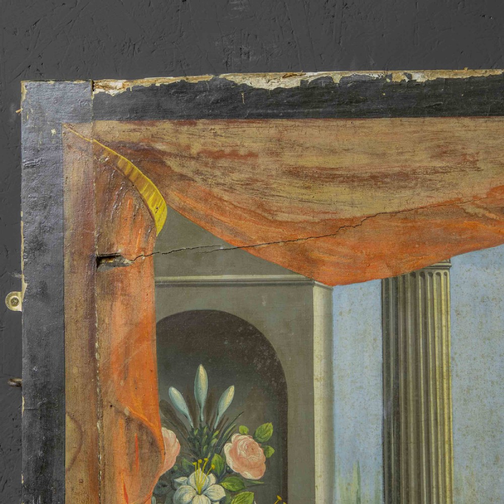 A horizontal late Victorian oil painting depicting a theatrical stage with classical fluted columns, draped terracotta curtains, and costumed figures in an outdoor courtyard. View III