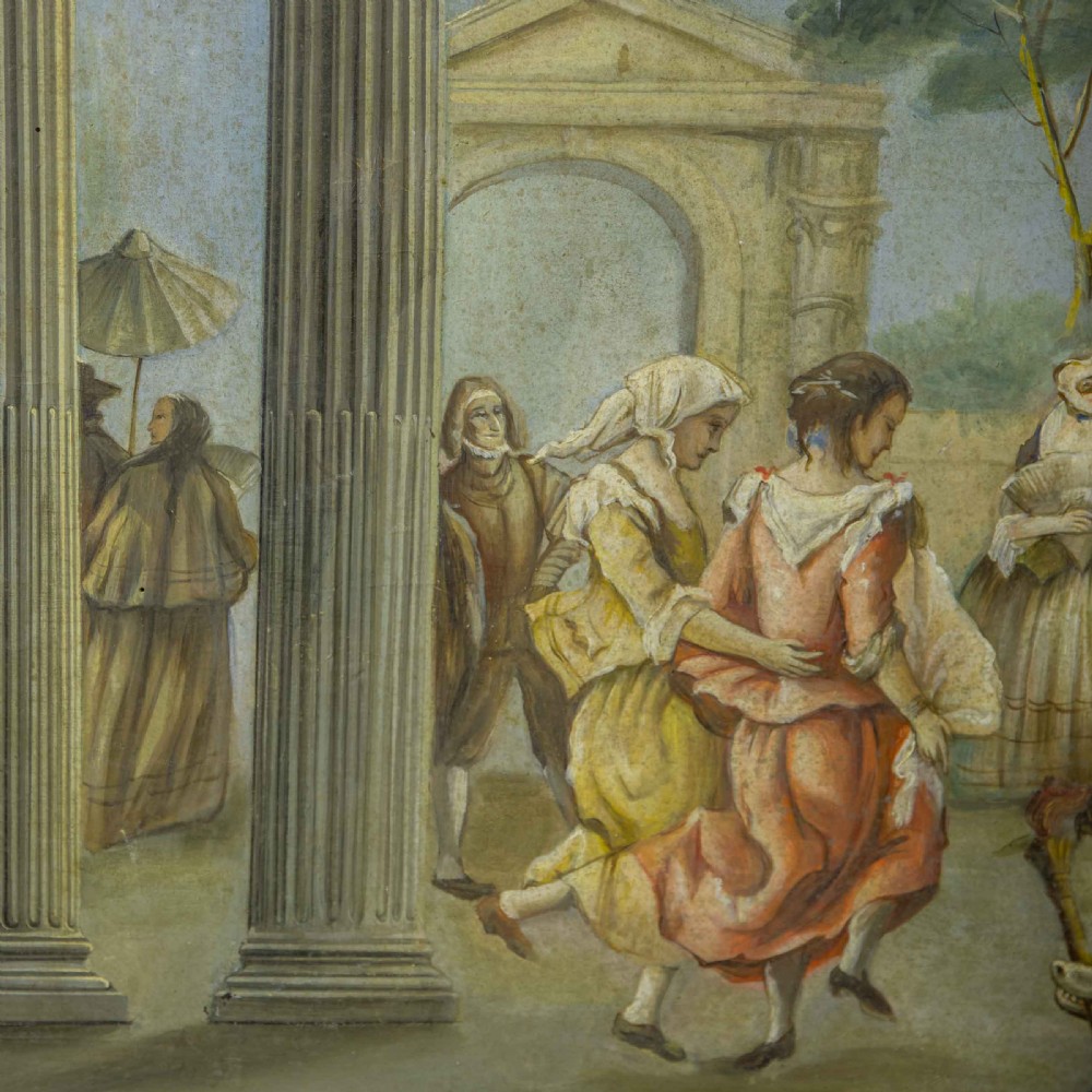 A horizontal late Victorian oil painting depicting a theatrical stage with classical fluted columns, draped terracotta curtains, and costumed figures in an outdoor courtyard. View IV