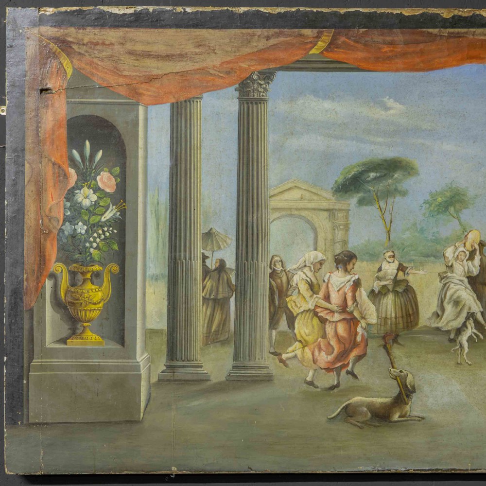 A horizontal late Victorian oil painting depicting a theatrical stage with classical fluted columns, draped terracotta curtains, and costumed figures in an outdoor courtyard. View VII