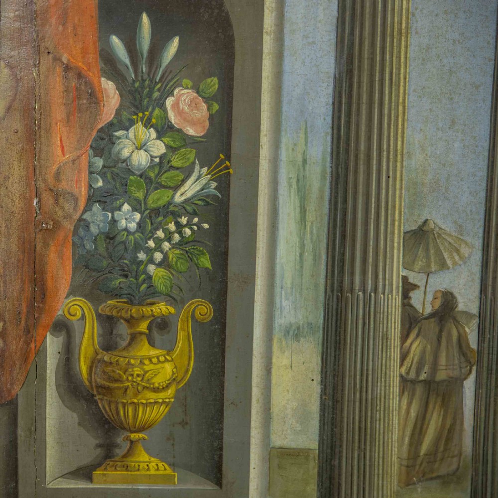 A horizontal late Victorian oil painting depicting a theatrical stage with classical fluted columns, draped terracotta curtains, and costumed figures in an outdoor courtyard. View VIII