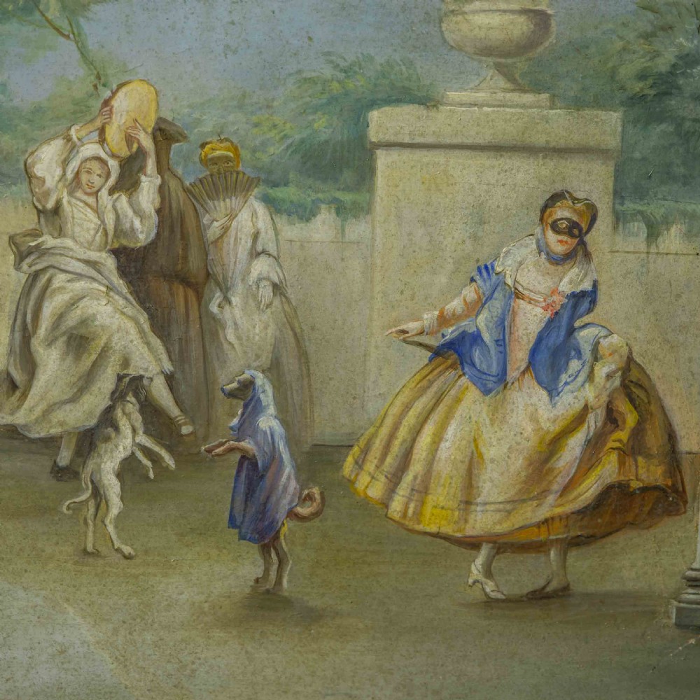A horizontal late Victorian oil painting depicting a theatrical stage with classical fluted columns, draped terracotta curtains, and costumed figures in an outdoor courtyard. View X