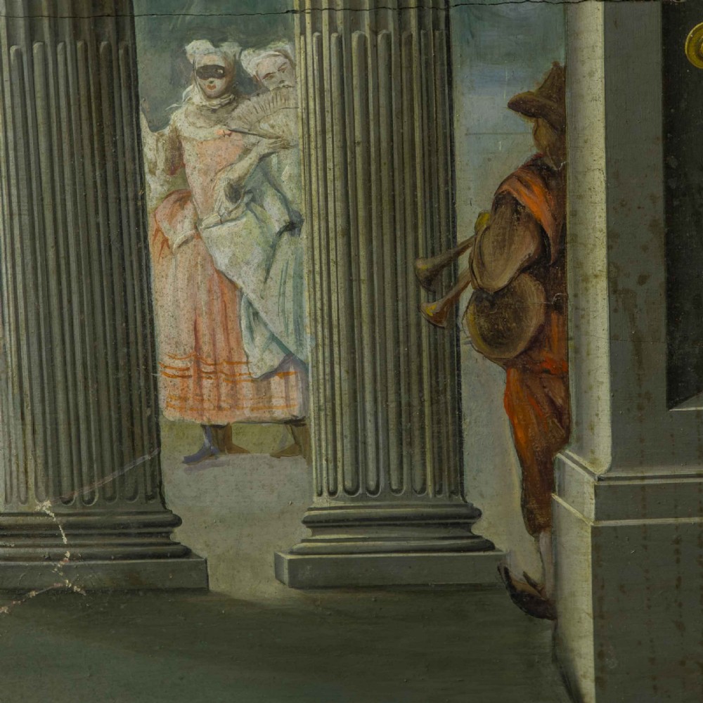 A horizontal late Victorian oil painting depicting a theatrical stage with classical fluted columns, draped terracotta curtains, and costumed figures in an outdoor courtyard. View XI