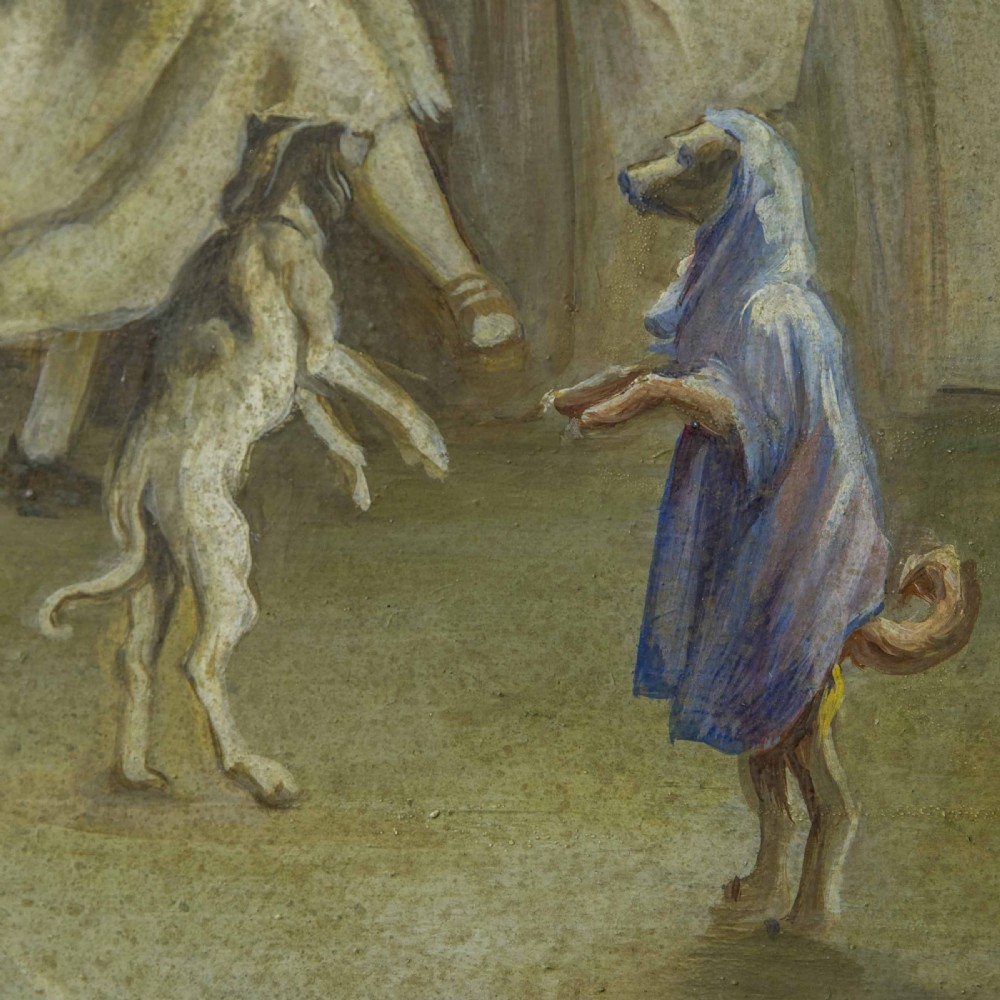A horizontal late Victorian oil painting depicting a theatrical stage with classical fluted columns, draped terracotta curtains, and costumed figures in an outdoor courtyard. View XIII