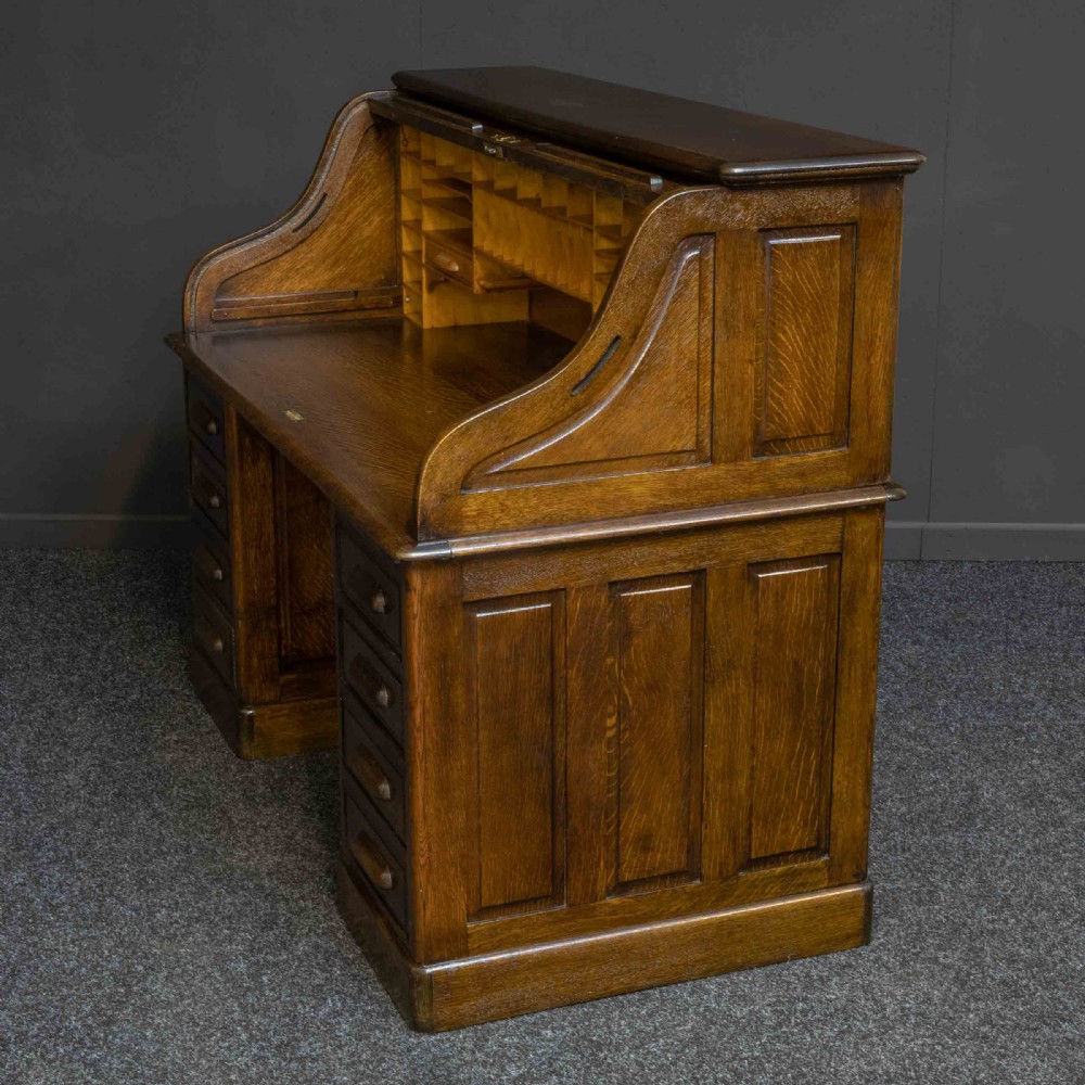 Edwardian Oak Roll Top Desk View IX