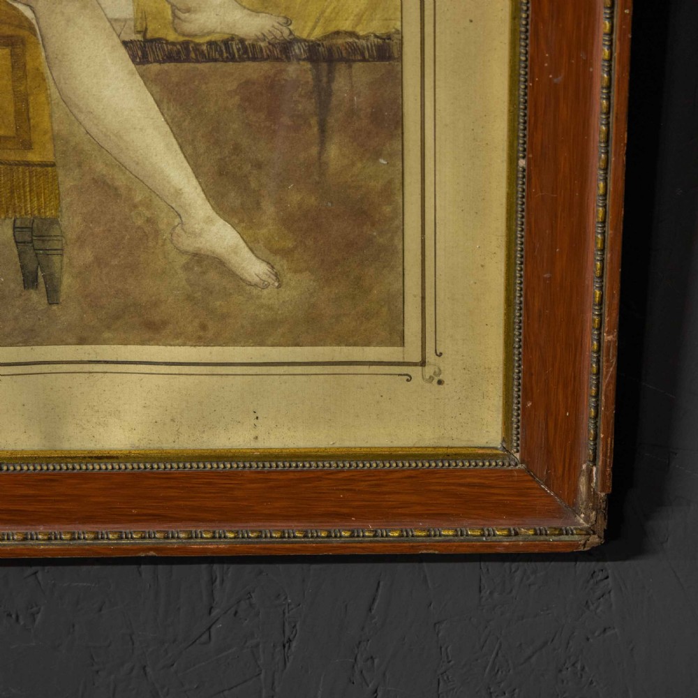 A 19th-century framed watercolour painting depicting a reclining female nude figure on an ochre bench inside an ornate interior with a fireplace. View IV