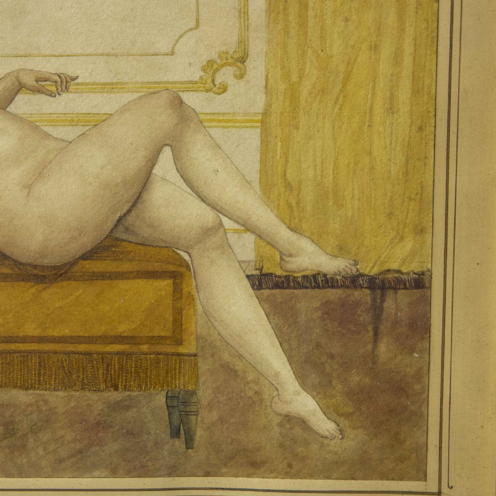 A 19th-century framed watercolour painting depicting a reclining female nude figure on an ochre bench inside an ornate interior with a fireplace. View V