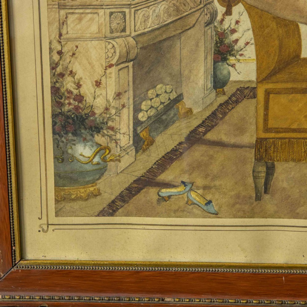 A 19th-century framed watercolour painting depicting a reclining female nude figure on an ochre bench inside an ornate interior with a fireplace. View VI