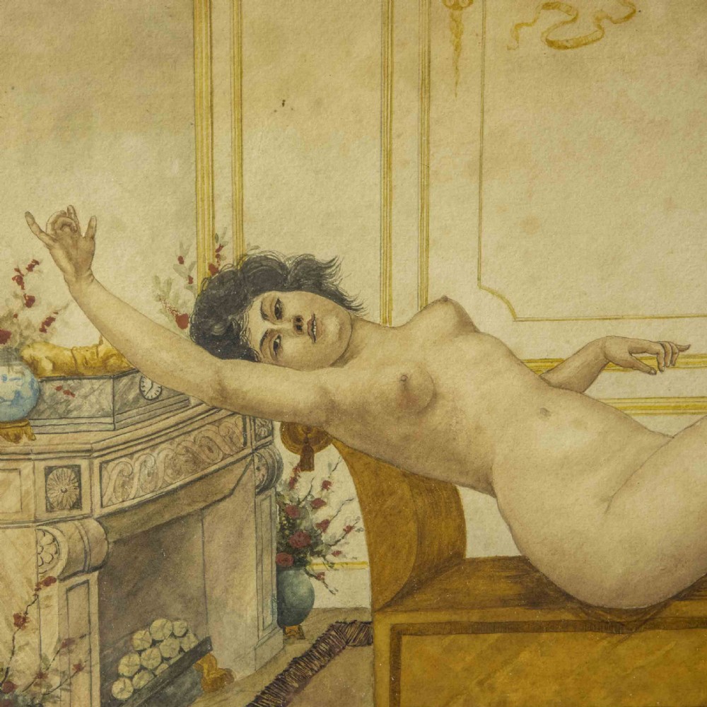 A 19th-century framed watercolour painting depicting a reclining female nude figure on an ochre bench inside an ornate interior with a fireplace. View VII