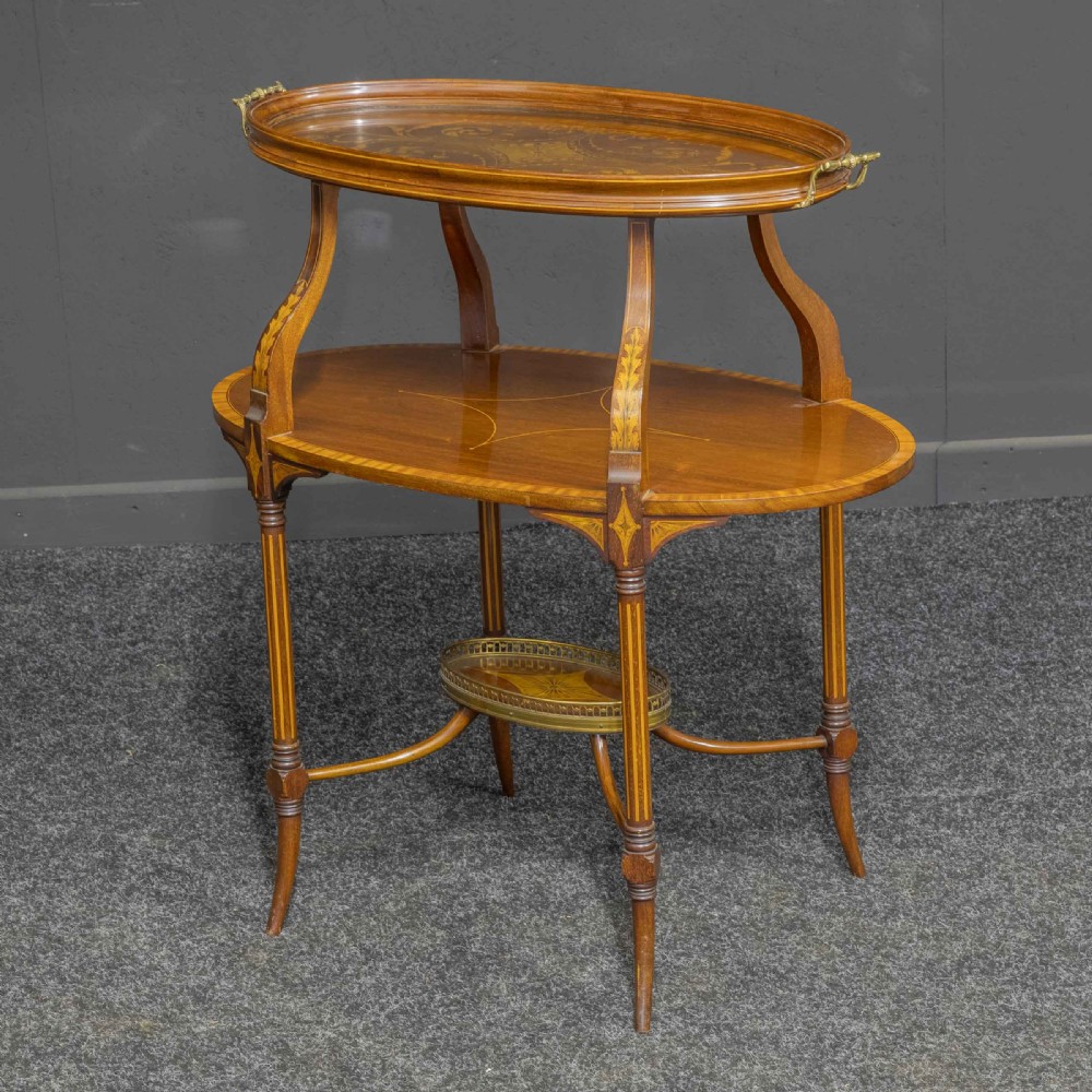 Edwardian Inlaid Mahogany Etagere with Glass Tray Top View III