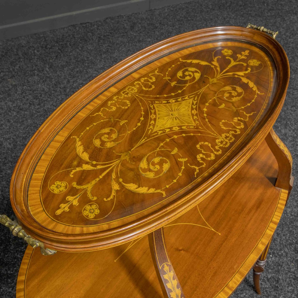 Edwardian Inlaid Mahogany Etagere with Glass Tray Top View XIII