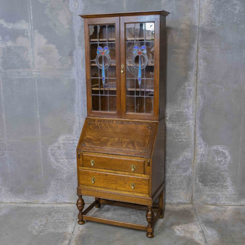 Oak Bureau Bookcase with Stained Windows