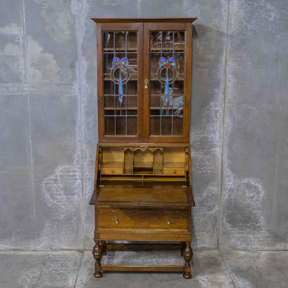 Oak Bureau Bookcase with Stained Windows View II