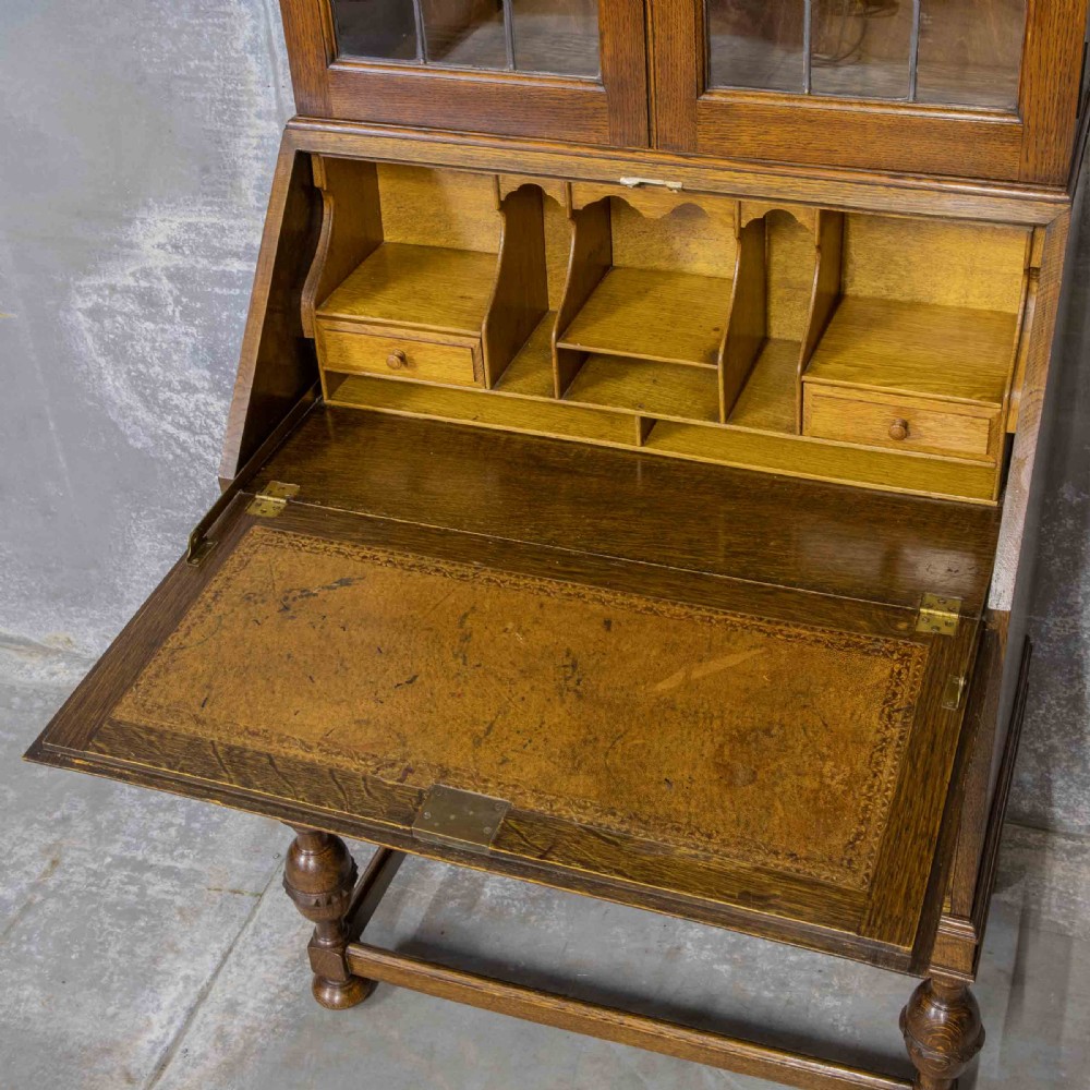 Oak Bureau Bookcase with Stained Windows View III