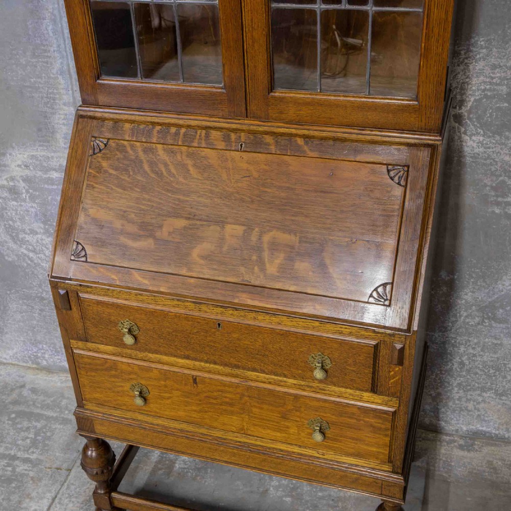 Oak Bureau Bookcase with Stained Windows View IV