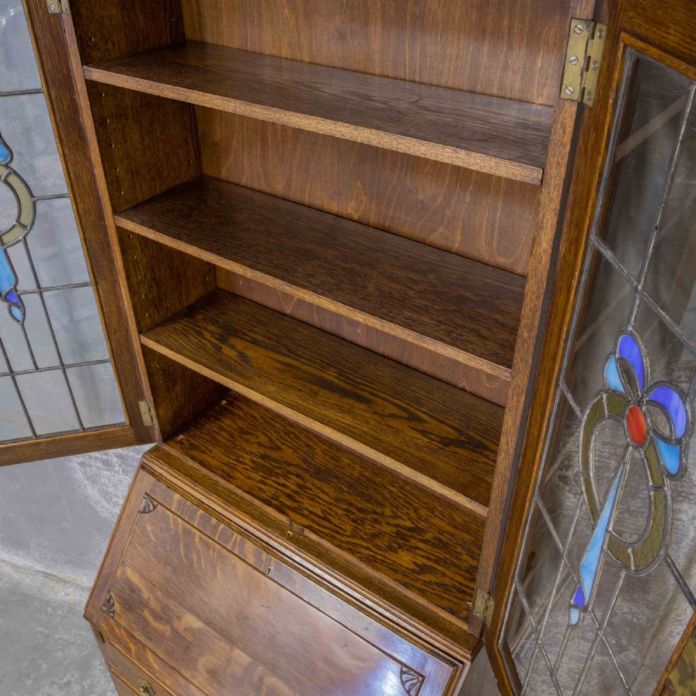 Oak Bureau Bookcase with Stained Windows View V