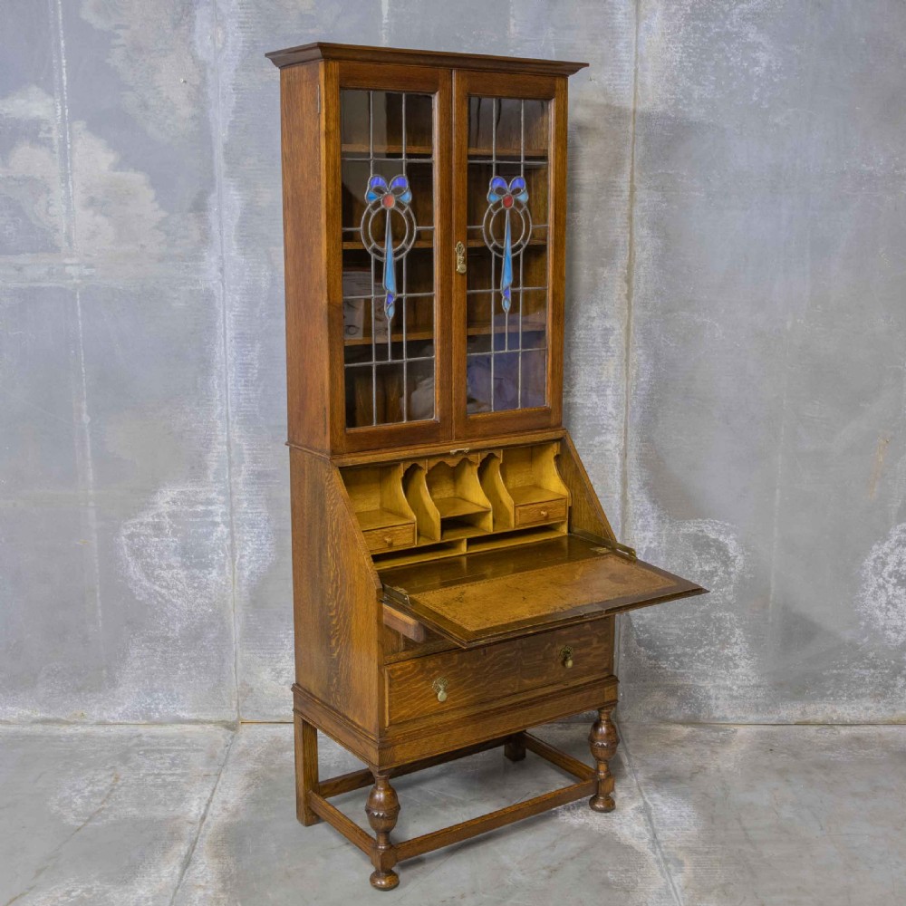 Oak Bureau Bookcase with Stained Windows View IX