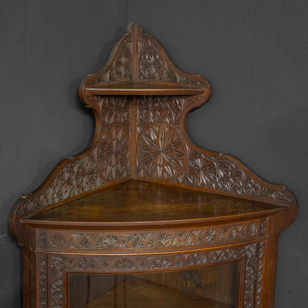 Carved dark walnut corner display cabinet featuring a single glazed door, decorative carved panels, upper and lower shelves, and cabriole legs. View V