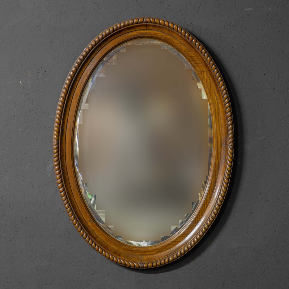 Large Early 20th Century Oval Oak Mirror