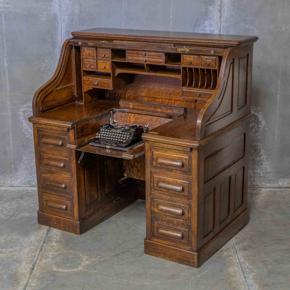 Edwardian Oak Autotype Roll Top Desk