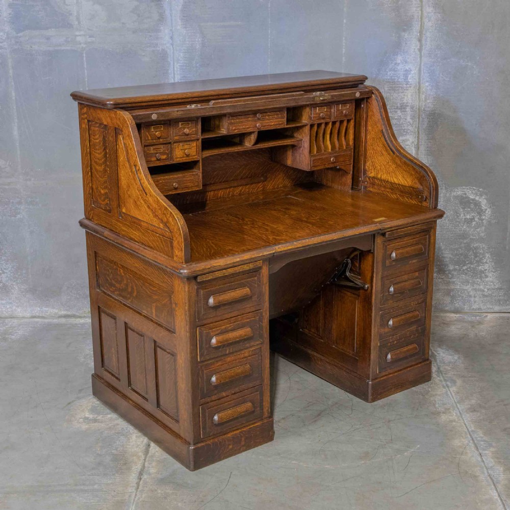 Edwardian Oak Autotype Roll Top Desk View V
