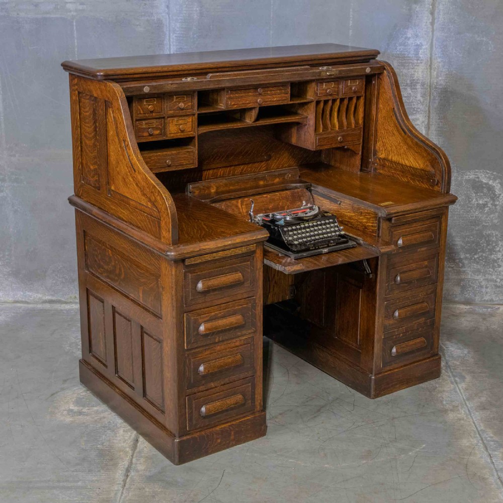 Edwardian Oak Autotype Roll Top Desk View VI