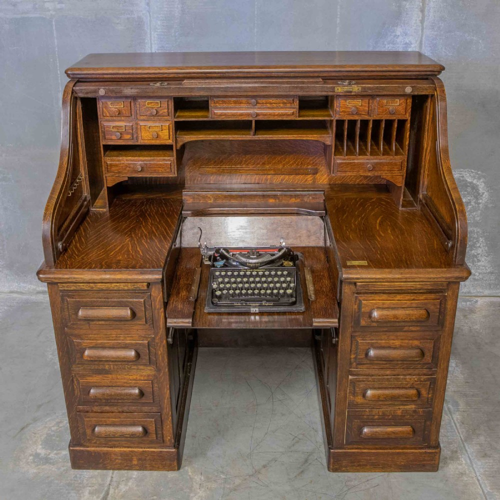 Edwardian Oak Autotype Roll Top Desk View XV