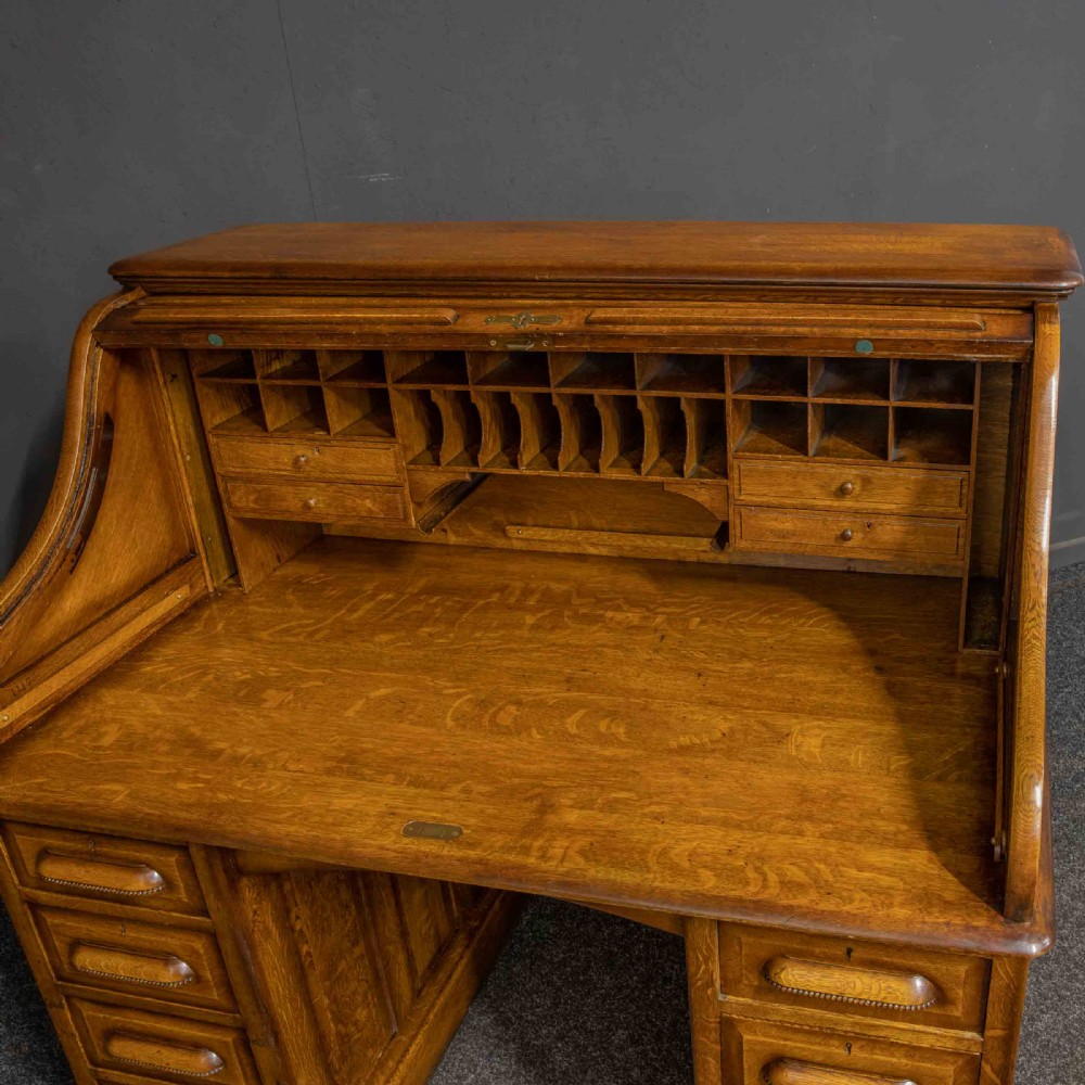 Edwardian Mid Oak Roll Top Desk View VI