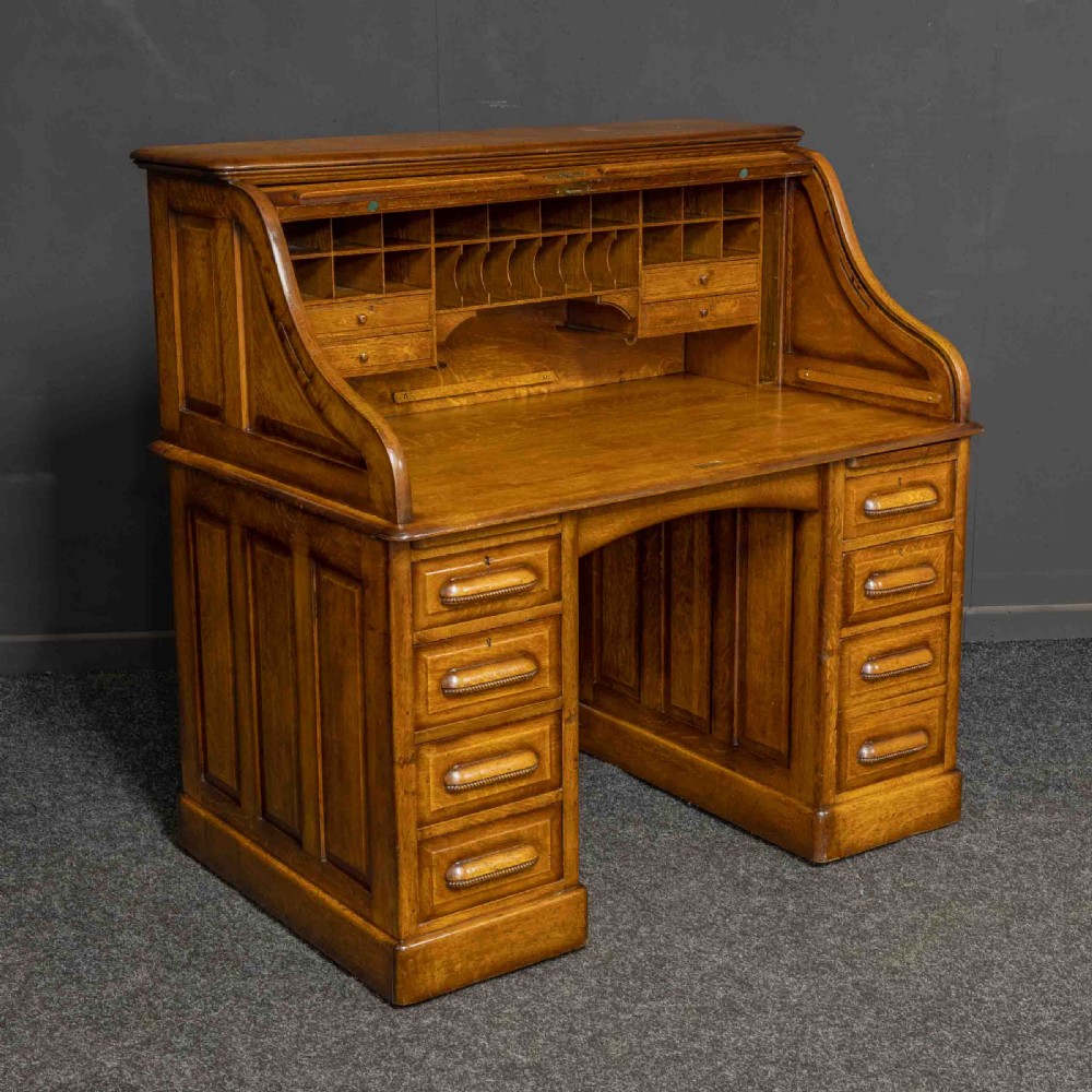 Edwardian Mid Oak Roll Top Desk View VIII