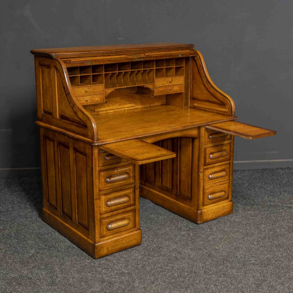 Edwardian Mid Oak Roll Top Desk View IX