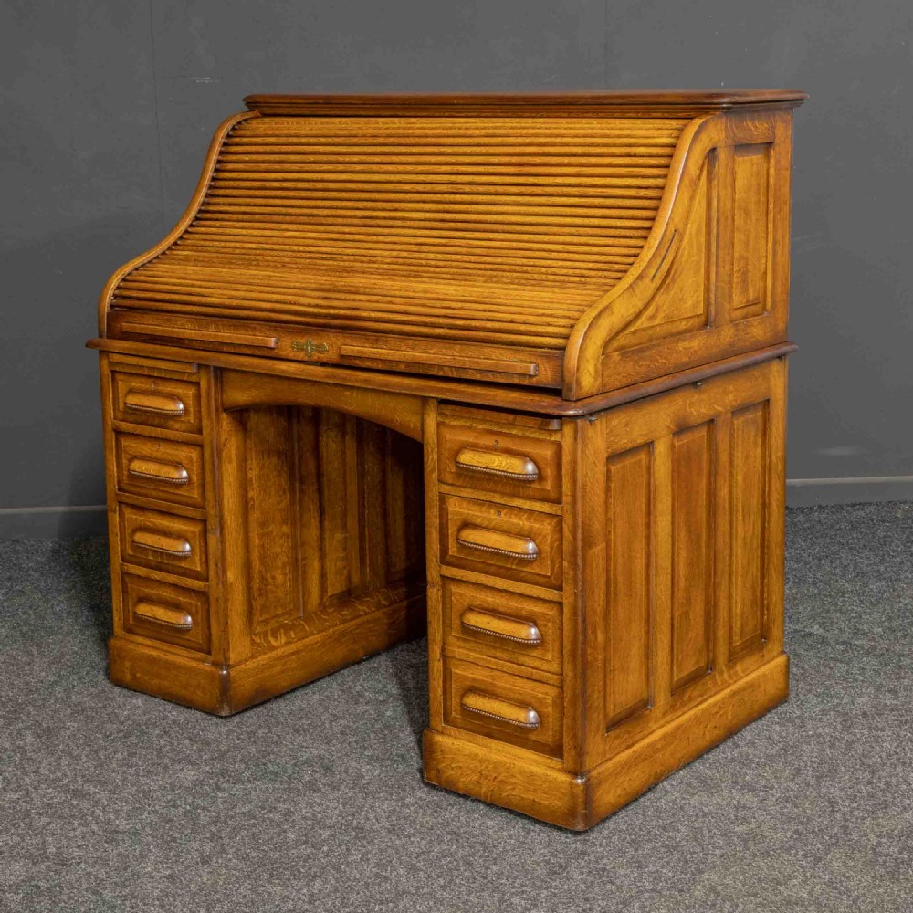 Edwardian Mid Oak Roll Top Desk View XIII
