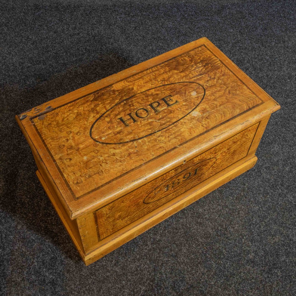 A Victorian pine storage box with a yellow-brown scrumbled painted finish, featuring the word HOPE on the lid and the year 1891 within an oval frame on the front. View IV