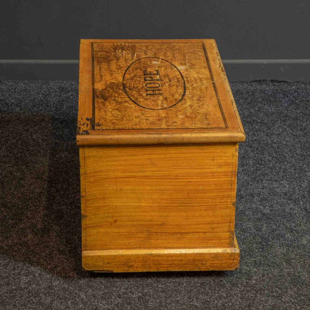 A Victorian pine storage box with a yellow-brown scrumbled painted finish, featuring the word HOPE on the lid and the year 1891 within an oval frame on the front. View XI