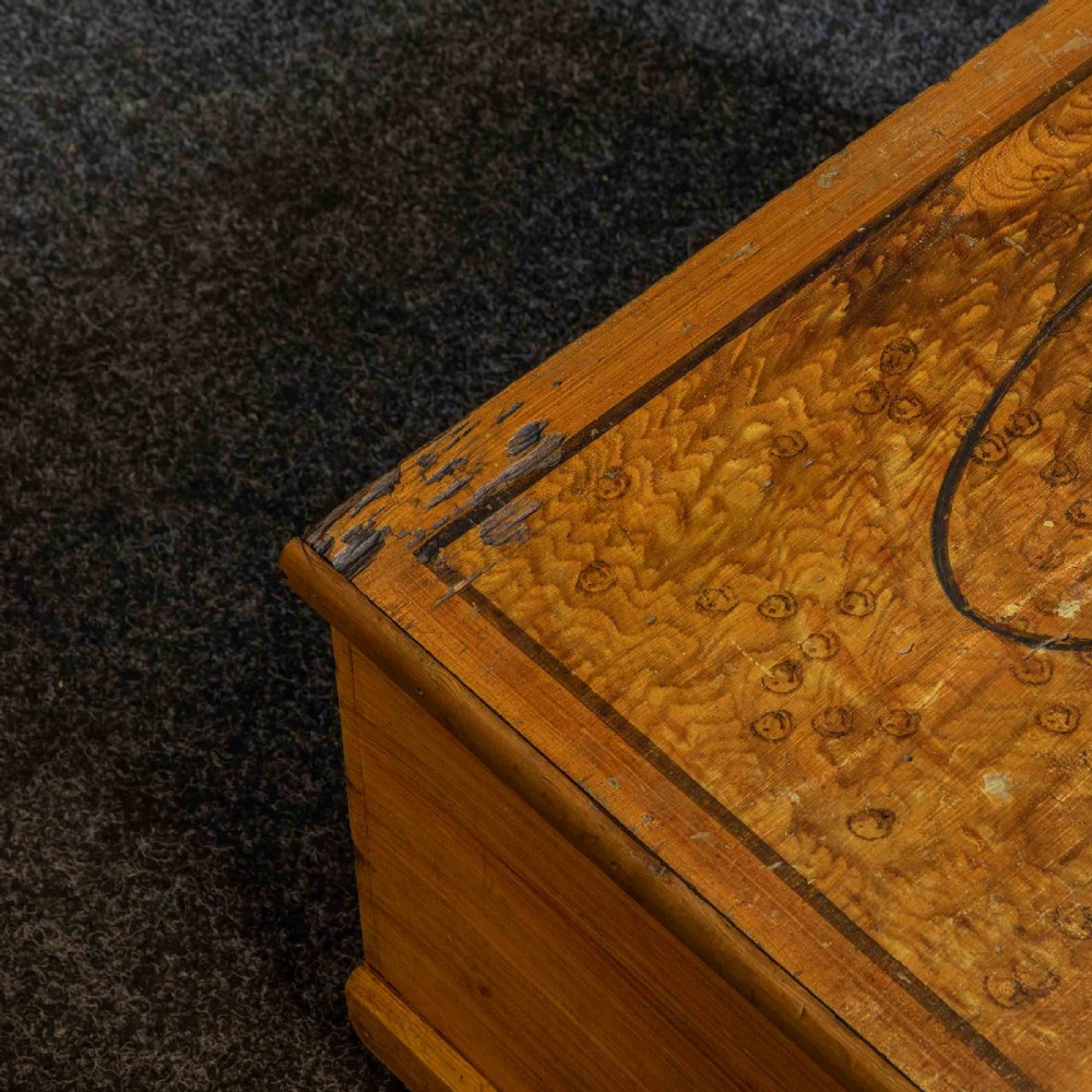 A Victorian pine storage box with a yellow-brown scrumbled painted finish, featuring the word HOPE on the lid and the year 1891 within an oval frame on the front. View XII