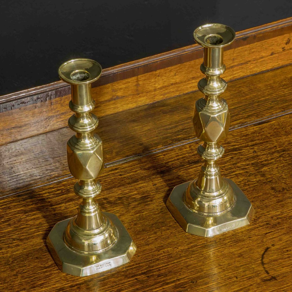 Pair of Victorian Queen of Diamond Brass Candlesticks