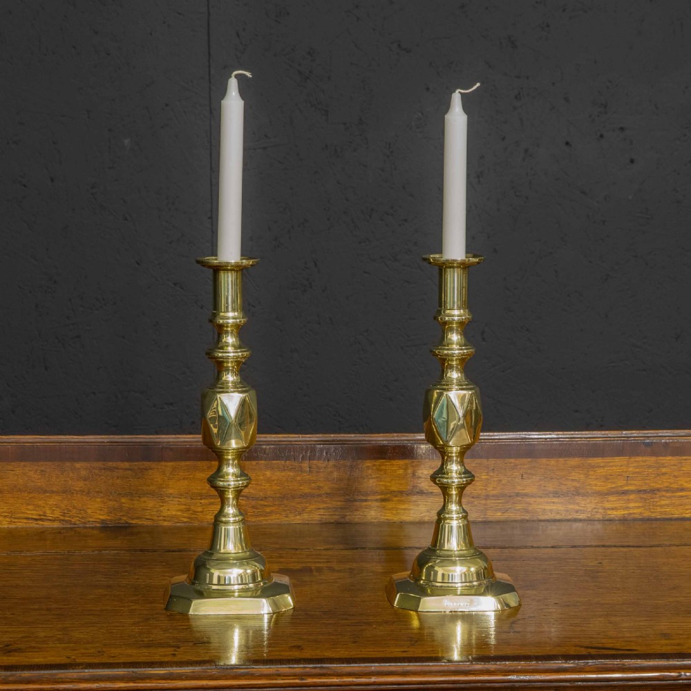 Pair of Victorian Queen of Diamond Brass Candlesticks View II