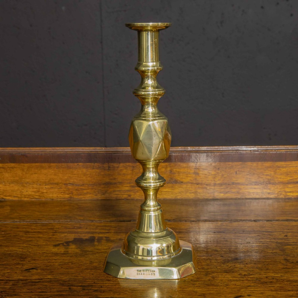 Pair of Victorian Queen of Diamond Brass Candlesticks View VIII