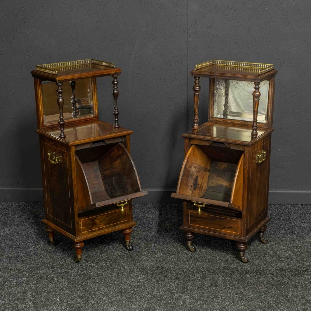 A pair of Edwardian inlaid rosewood bedside cabinets featuring brass gallery tops, mirrored upper shelves with turned pillars, and floral marquetry doors. View II