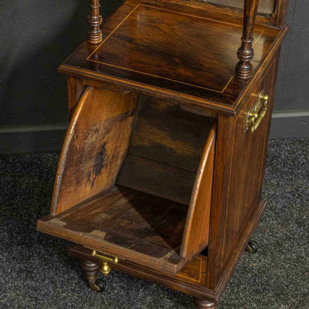 A pair of Edwardian inlaid rosewood bedside cabinets featuring brass gallery tops, mirrored upper shelves with turned pillars, and floral marquetry doors. View IX