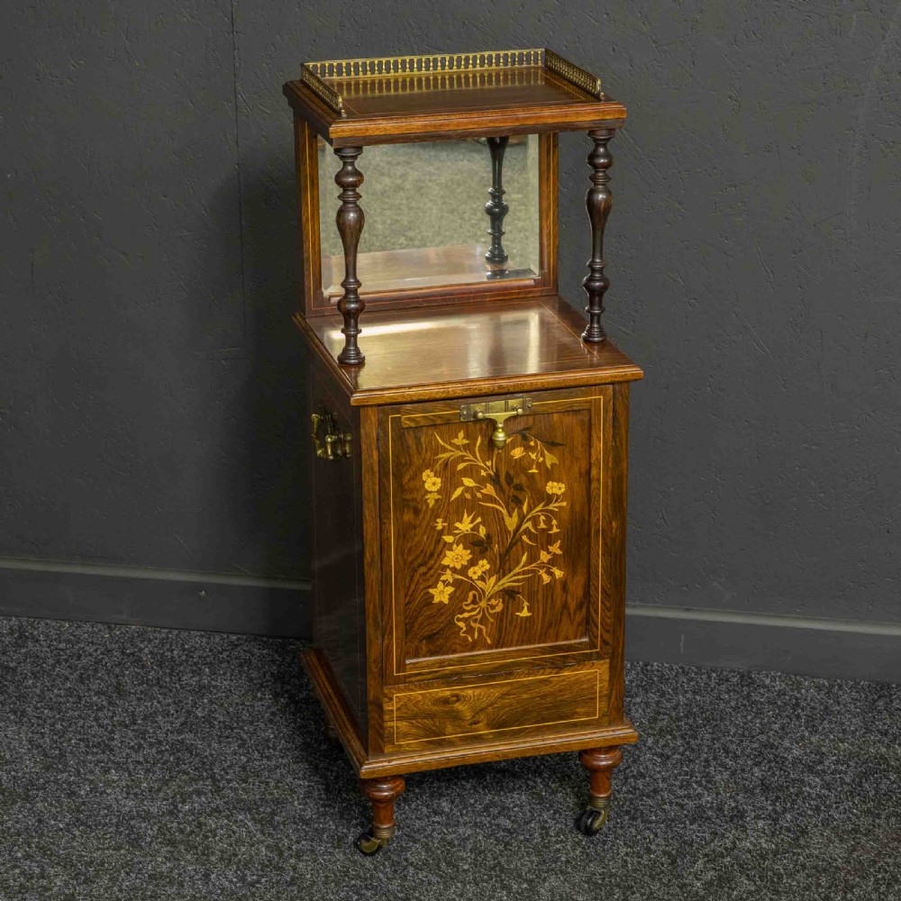 A pair of Edwardian inlaid rosewood bedside cabinets featuring brass gallery tops, mirrored upper shelves with turned pillars, and floral marquetry doors. View XII