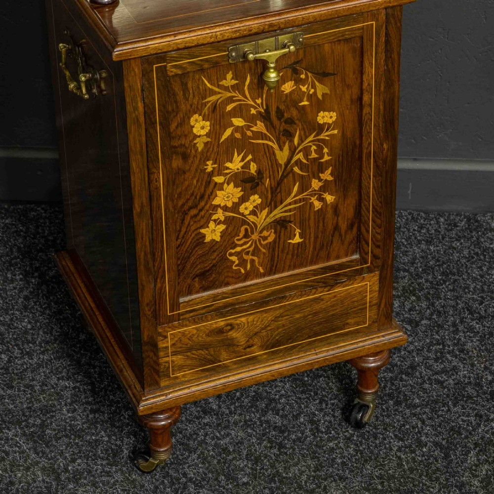 A pair of Edwardian inlaid rosewood bedside cabinets featuring brass gallery tops, mirrored upper shelves with turned pillars, and floral marquetry doors. View XIII